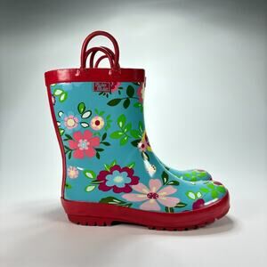 Pluie Pluie Blue Floral Rain Boots Slip Resistant Rubber Sole Youth Size Girl 13